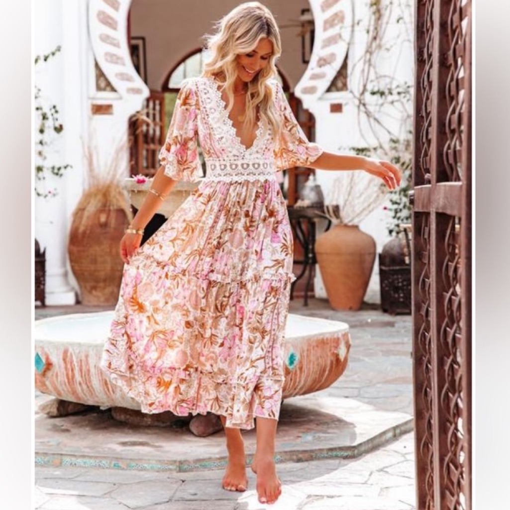 Vici Desert Moon Lace Crochet Floral Midi Dress In Small